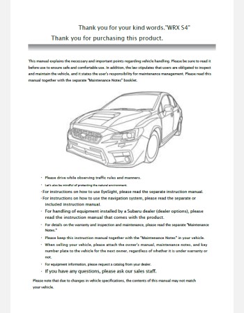 SUBARU WRX STIS4 2020 2021 & 2022 OWNERS MANUAL