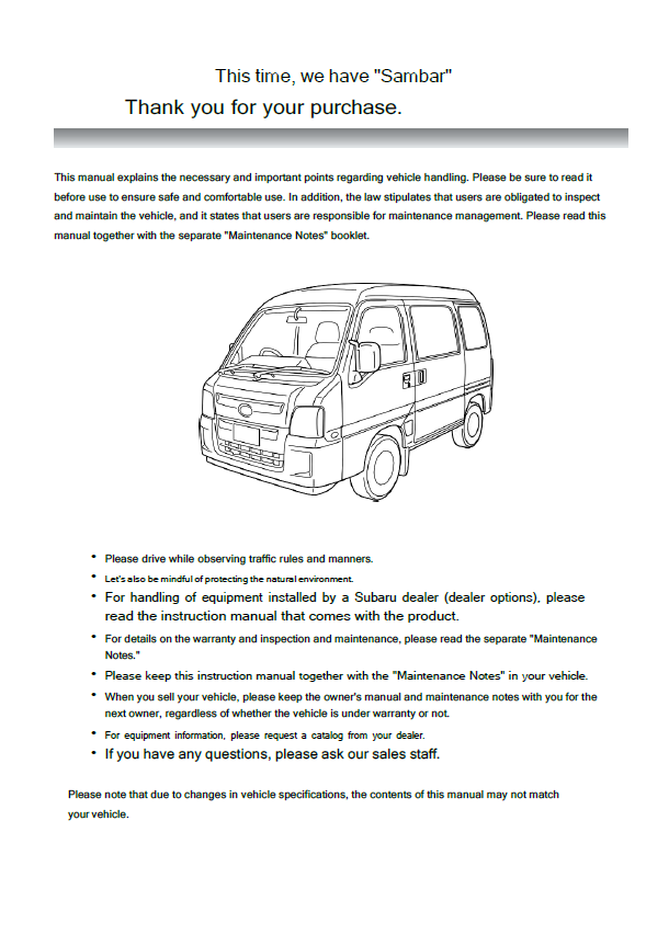 SUBARU SAMBAR VAN 2010, 2011 & 2012 OWNER’S MANUAL